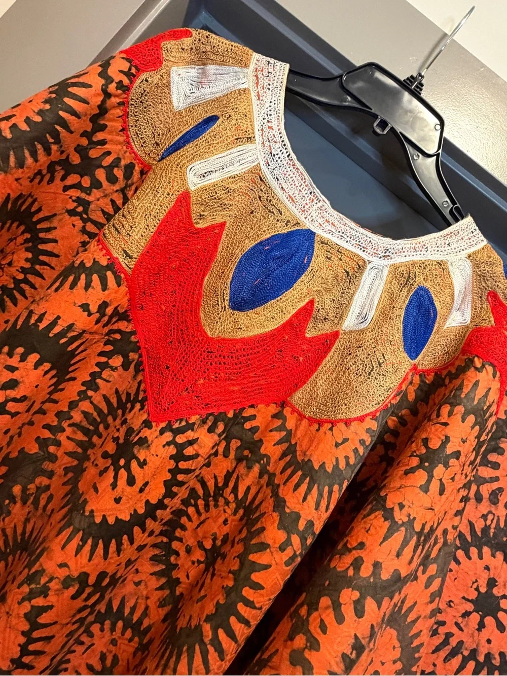 African 2 pc Bubu Kaftan Dress Mudcloth Print Brown Orange Embroidered Neckline